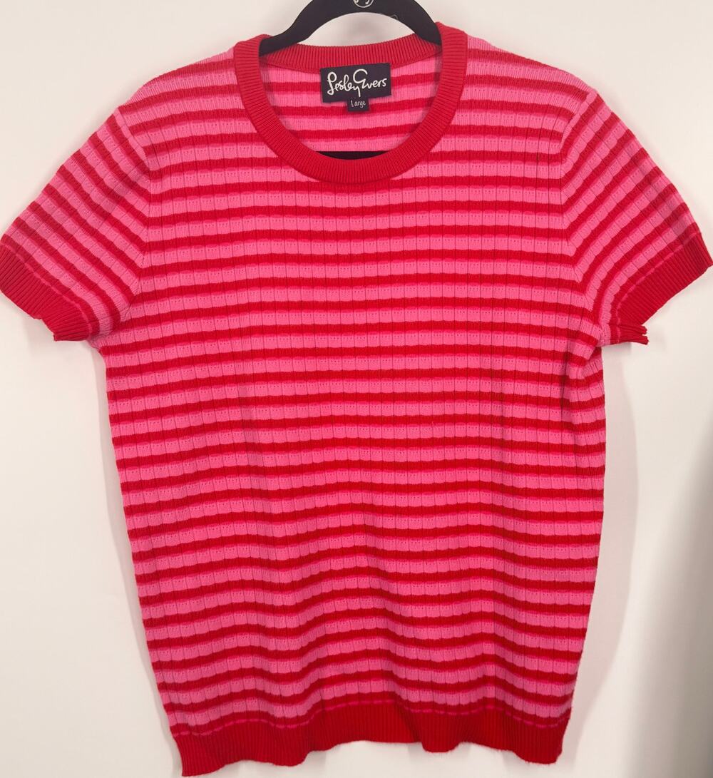 Lesley Evers Womens Large Striped Ribbed Knit Top Short Sleeve Pink Red Pullover